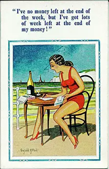 Comic postcard, Woman runs out of money at the seaside Date: 20th century