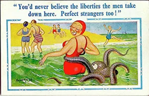 Octopus Prints: Comic postcard, Woman in the sea with an octopus
