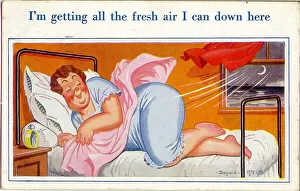 Comic postcard, Woman in her seaside hotel bedroom