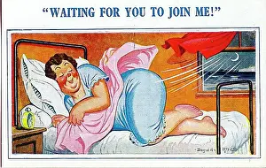 Comic postcard, Woman in her seaside hotel bedroom Date: 20th century
