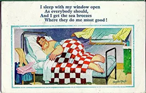 Comic postcard, Woman in her seaside hotel bedroom Date: 20th century