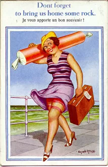 Comic postcard, Woman at seaside with stick of rock