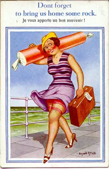 Railings Prints: Comic postcard, Woman at seaside with stick of rock