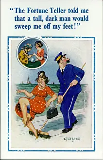 Broom Prints: Comic postcard, Woman at the seaside, being swept off her feet Date: 20th century