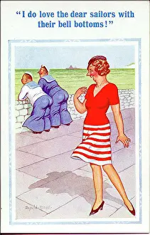 Likes Prints: Comic postcard, Woman sees two sailors Date: 20th century