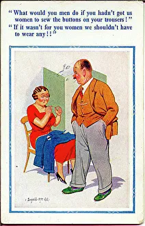 Comic postcard, Woman sewing trousers, chatting with man Date: 20th century