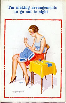 Lacy Gallery: Comic postcard, woman sewing underwear Date: 20th century
