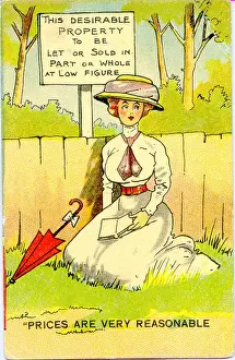 Comic postcard, Woman sitting in a park Date: early 20th century