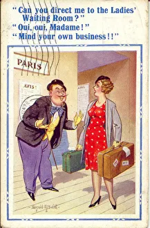 Frenchmen Collection: Comic postcard, Woman travelling in Paris - a helpful Frenchman Date: 20th century
