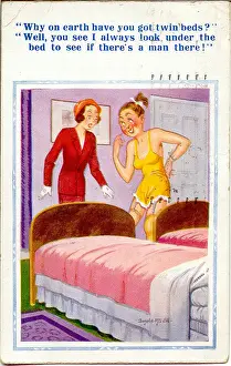 Comic postcard, Woman with twin beds Date: 20th century