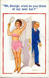 Admiring Collection: Comic postcard, Woman in underwear, trying on new hat Date: 20th century