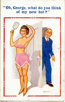 Comic postcard, Woman in underwear, trying on new hat Date: 20th century Comic postcard, Woman in underwear, trying on new hat Date: 20th century