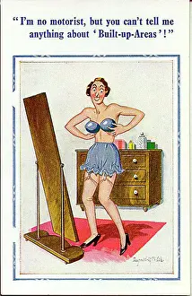 Undressing Prints: Comic postcard, Woman in her underwear - built-up areas Date: 20th century