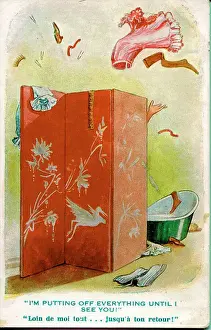 Putting Prints: Comic postcard, Woman undressing behind screen - I'm putting everything off until I see you! Date: 1914-1918