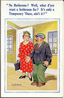 Comic postcard, Woman viewing house - no bathroom Date: 20th century