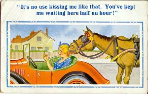 Hour Gallery: Comic postcard, Woman waiting in a car - and a horse! Date: 20th century