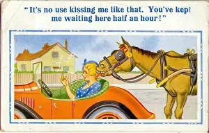 Kissing Prints: Comic postcard, Woman waiting in a car - and a horse! Date: 20th century