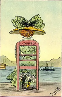 Pence Prints: Comic postcard, Woman watching ships sail by - 3 hours 2d Date: early 20th century