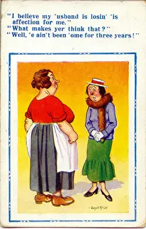 Attraction Prints: Comic postcard, Woman worried about her husband Date: 20th century