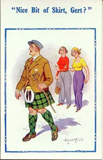 Scotsmen Prints: Comic postcard, Two women admire a Scotsman in his kilt Date: 20th century