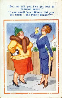 Obese Gallery: Comic postcard, Two women argue in street Date: 20th century