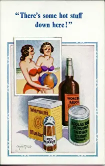 Mustard Prints: Comic postcard, Two women in bikinis at the seaside - hot stuff Date: 20th century