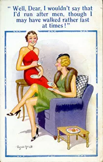 Comic postcard, Two women chat about men Date: 20th century
