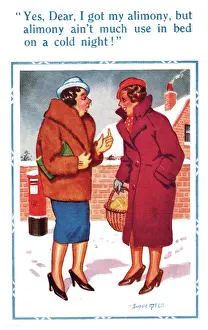 Gloves Prints: Comic postcard, two women chatting - alimony Date: 20th century
