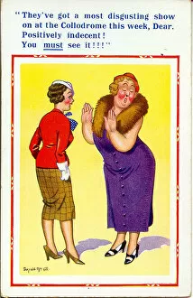 Morals Gallery: Comic postcard, Women chatting about a show Date: 20th century