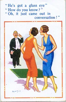 Comic postcard, Two women chatting about a man at a party Date: 20th century Comic postcard, Two women chatting about a man at a party Date: 20th century