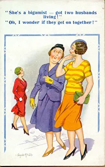 Comic postcard, Two women discuss bigamous woman Date: 20th century Comic postcard, Two women discuss bigamous woman Date: 20th century