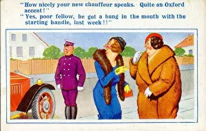 Accent Collection: Comic postcard, Two women discuss chauffeur