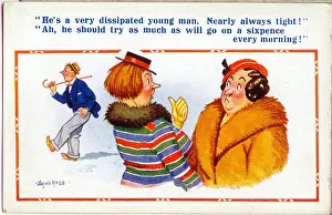 Comic postcard, Women discuss drunkard in street Date: 20th century Comic postcard, Women discuss drunkard in street Date: 20th century