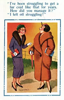 Donald Gallery: Comic postcard, two women discuss fur coat Date: 20th century