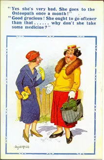 Month Collection: Comic postcard, Two women discuss illness Date: 20th century