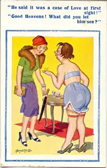 Shock Prints: Comic postcard, Two women discuss romantic encounter Date: 20th century