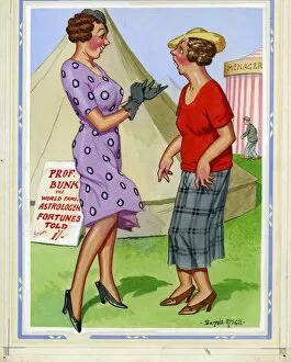 Comic postcard, Two women at a fairground, near the fortune tellers tent Date