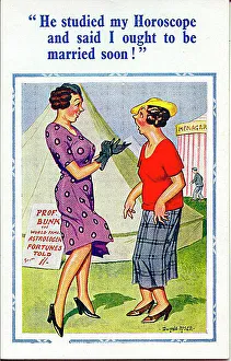 Comic postcard, Two women at a fairground, near the fortune teller's tent Date: 20th century