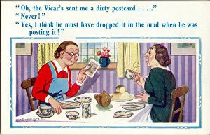 Comic postcard, Two women having breakfast - postcard from the vicar Date