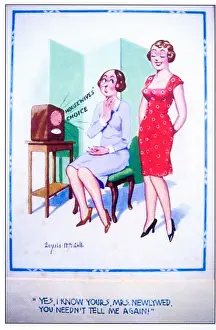 Verbal Prints: Comic postcard, Two women listen to radio - Housewives Choice Date: 20th century