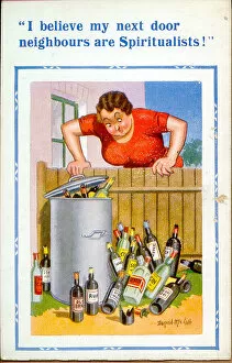 Spiritualists Gallery: Comic postcard, Women looking over garden fence Date: 20th century