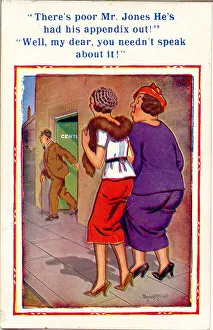 Comic postcard, Women see man leaving Gents