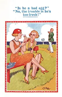 Suggestive Prints: Comic postcard, Two women and a man at the seaside - too fresh! Date: 20th century