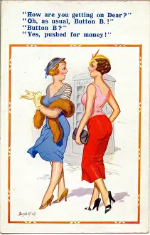 Kiosk Prints: Comic postcard, Two women near phone box - Button B Date: 20th century