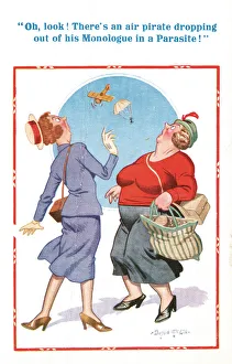 Comic postcard, two women see a parachute, WW2 - There's an air pirate dropping out of Comic postcard, two women see a parachute, WW2 - There's an air pirate dropping out of