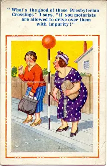 Comic postcard, Women at pedestrian crossing with Belisha beacon Date: circa 1930s