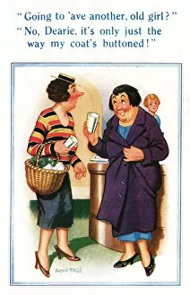 Buttoned Collection: Comic postcard, Two women in the pub - double meaning Date: 20th century