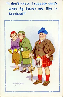 Scotsmen Prints: Comic postcard, Two women and a Scotsman Date: 20th century
