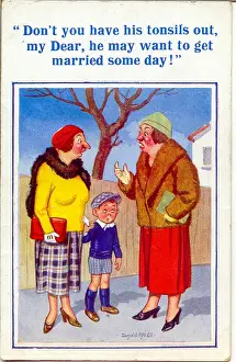 Frumpish Prints: Comic postcard, Women in street with boy Date: 20th century