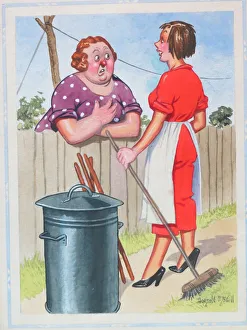 Pinafore Gallery: Comic postcard, Two women talking over fence